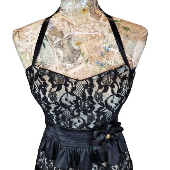 Cocktail Party Evening Black Lacey Layers Satin Strapless Sweetheart Mini Dress - Picture 4 of 11